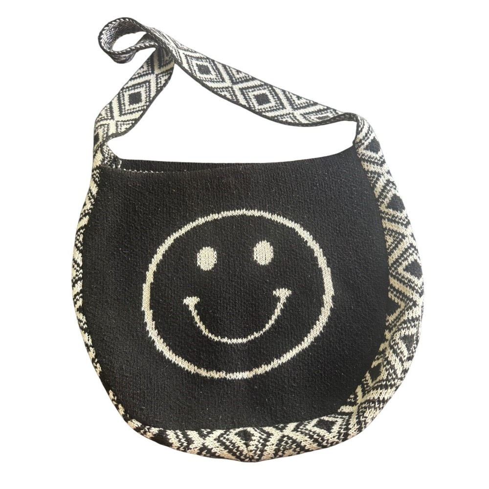 Black Knit Smiley Face Hobo Bag Geometric Diamond Trim Shoulder Bag